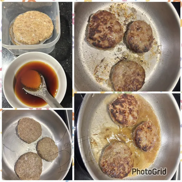 漢堡排冷凍取出，要在冷藏解凍
照燒醬汁調好備用

平底鍋少油，中火煎到兩面上色。
每面約 2～3分鐘。

倒入一點水（約2大匙），加蓋小火悶 5～7分鐘。

用筷子戳中間，流出透明肉汁就熟了。