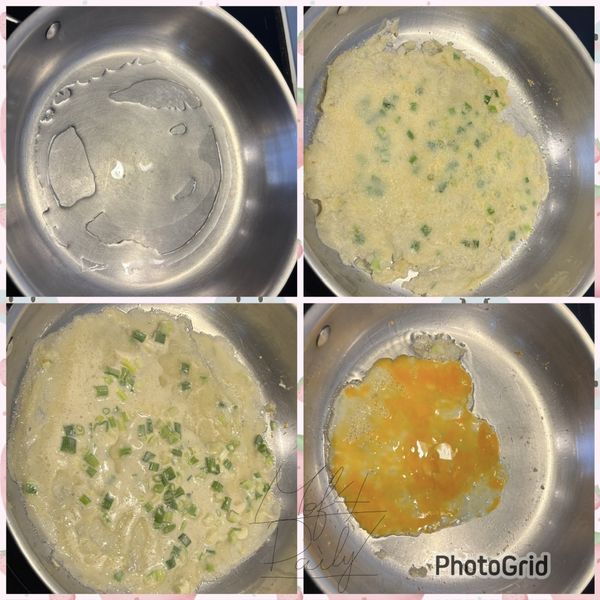 中小火..加一點植物油，倒入一大勺粉漿，離火…均勻搖晃鍋子，讓粉漿平均分佈在鍋中。

等粉漿稍微凝固後，翻面煎約2分鐘…先把餅皮盛起，鍋中補一點點油，接著加入蛋液