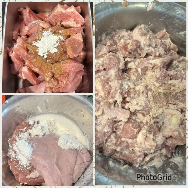 梅花肉切成條，加入（薄鹽醬油、米酒、五香粉、肉桂粉、鹽、砂糖、蒜末）抓醃30分鐘

再加入魚漿、太白粉、地瓜粉、水…抓勻