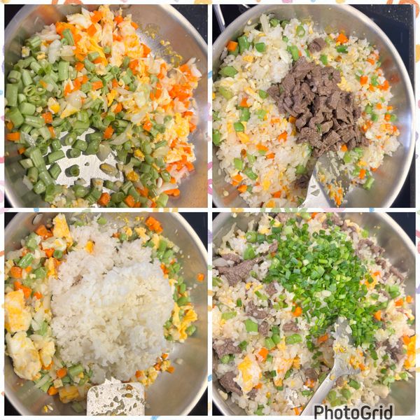 接著放入四季豆，翻炒至稍微變色

加入白米飯，用鍋鏟把白米飯米粒壓鬆，翻炒均勻

放入剪小的牛板腱，調味

大火快速翻炒，關火…撒上蔥花，即可盛盤