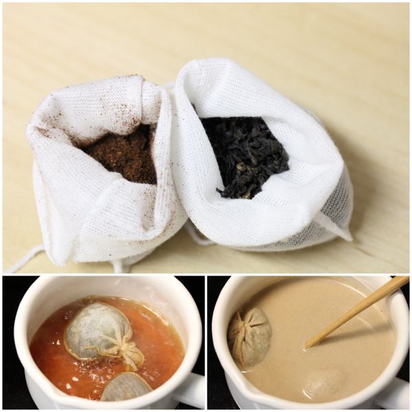 將紅茶葉及咖啡粉分別放入棉布袋中，收口綁好備用