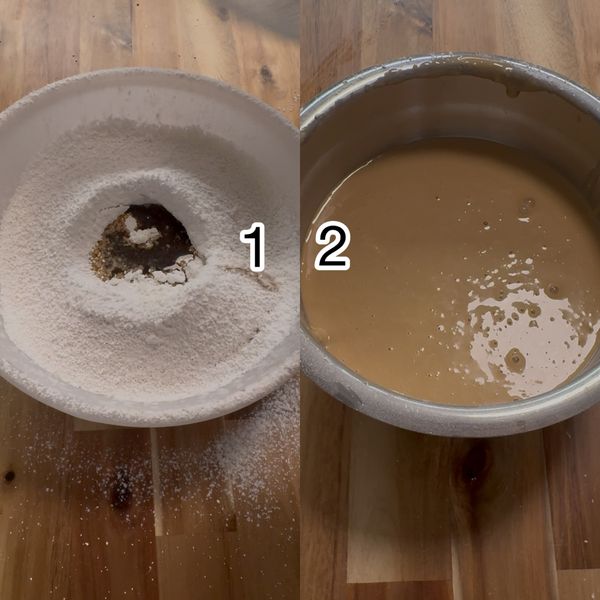 混合粉類：
將低筋麵粉與木薯粉過篩加入酵母水中，攪拌至無顆粒狀，若還有顆   粒狀，可以再過篩一次。