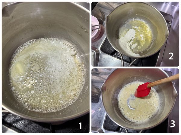 ⭐️開心果奶醬製作
奶油小火加熱融化，再篩入麵粉（中筋低筋都可以），攪拌至無粉粒狀態