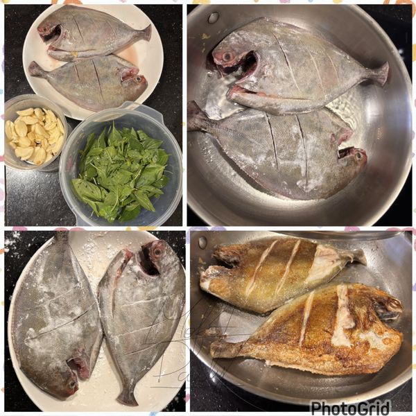 魚洗淨後一定要擦超乾（用廚房紙巾壓乾）。
魚身兩面抹上 鹽＋白胡椒+米酒。
靜置 10分鐘讓鹽入味。

醃好後擦乾，表面薄薄拍一層 太白粉

熱鍋 → 下油3大匙 → 薑片爆香
魚下鍋後中火煎：
	•	第一面 5～7分鐘（不翻）
	•	翻面 5～6分鐘
	•	最後轉中大火 各30秒逼酥