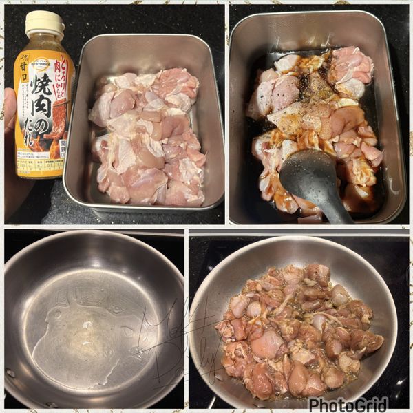 雞腿排切丁，加入醃醬，抓醃約30分鐘即可

熱鍋少油，雞腿肉會出油，不用放太多。

下雞腿丁，先不要翻，煎到焦香上色（約2-3分鐘）。