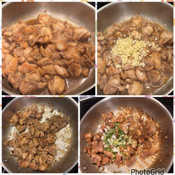 翻炒至7-8分熟，翻炒到雞肉變白、出油香。
加入蒜末翻炒

倒入醃料醬汁，轉中小火拌炒，醬汁會開始冒泡變濃。

收汁，炒到醬汁變得黏亮、均勻包住肉丁即可關火。

起鍋，撒蔥花，完成✅