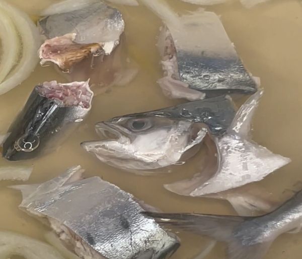 水滾後放入魚塊，然後再煮至沸騰
