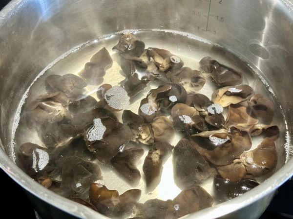 起湯鍋水滾放木耳汆燙2分鐘，撈出泡在冷開水中，保持清脆。