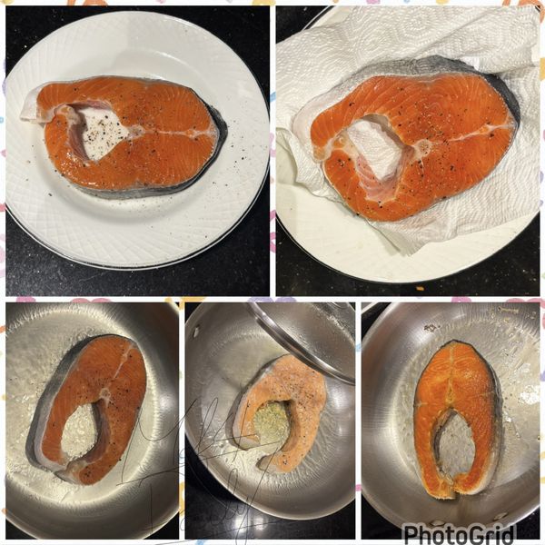 鮭魚用廚房紙巾把表面水分擦乾。

兩面撒鹽和黑胡椒，靜置10～15分鐘。

中火加熱鍋子，轉中小火，放少許油，放入鮭魚片，中小火慢煎，不要急著翻面。

大約煎4～6分鐘（視厚度而定）。

等看到魚肉顏色變淺，大約熟到2/3時再翻面。

翻面後再煎1～2分鐘，魚肉面只要稍微上色即可。