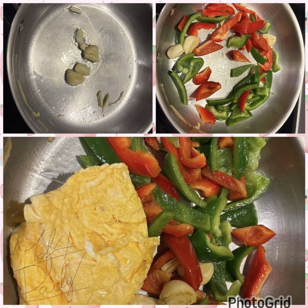 原鍋再加一點油，炒香蒜頭

放入青椒炒至喜歡的熟度，再將蛋倒回鍋中拌炒。

最後調味，翻炒均勻，✅