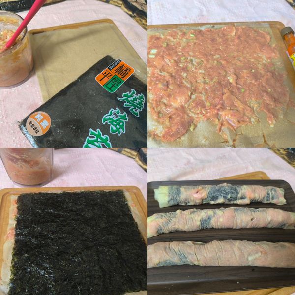 將千張鋪平,取1/3的雞肉泥抹平,再鋪上一張海苔,稍微靜置30秒,讓海苔片變軟,再慢慢向前捲起,成為圓長條狀.(共作成3捲)
