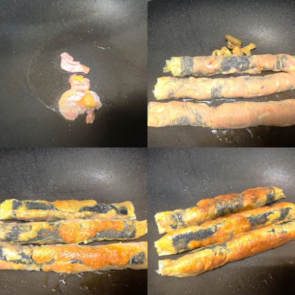 鍋中倒入適量沙拉油,再將剛剛剝取下來的雞皮放入鍋中炸,等雞皮炸出油後,再將雞皮推向邊邊,順手將捲好的雞肉辣醬螺旋捲放入鍋中,用小火慢慢煎至肉捲的每個面都呈金黃色澤,再從兩側按壓時,肉捲觸感是緊實狀態,就表示肉捲已煎熟了.