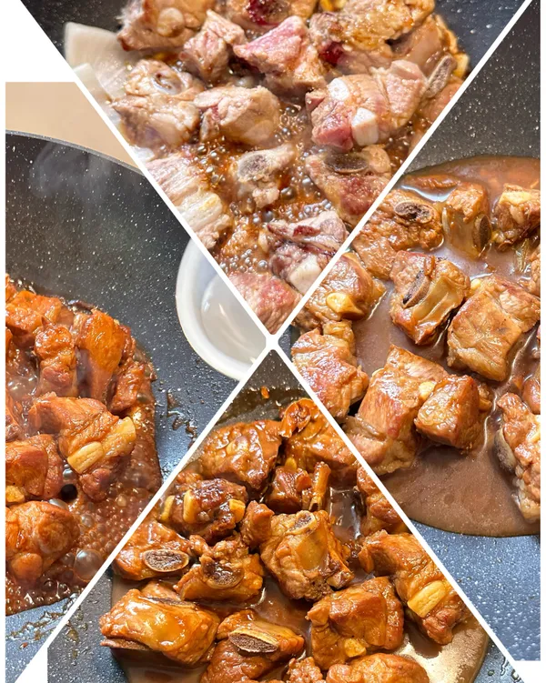 加一米杯清水煮滾，轉小火蓋上鍋蓋燜煮，中途需翻動讓肉塊均勻吸附醬汁滷軟收汁（此步驟重複3～4次）
*這個煮法不論是豬五花或豬小排，都可以將肉煮軟並保有QQ的口感。