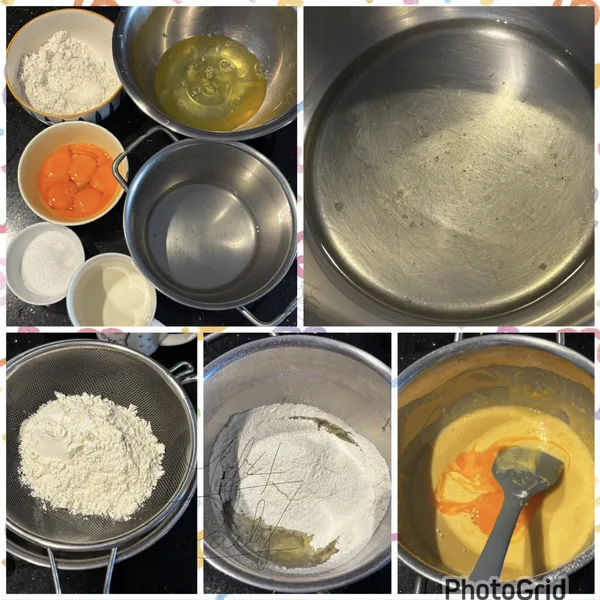 材料準備好
蛋白放回冷藏備用

植物油中小火加熱至鍋底出現油紋

離火加入過篩低筋麵粉，輕輕切拌至無顆粒

加入牛奶攪拌均勻，再分批加入蛋黃，切拌均勻，蛋黃糊即完成✅
