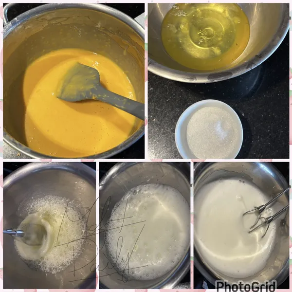 蛋黃糊放置一旁備用

從冰箱取出蛋白，滴入2滴白醋（或檸檬汁）

（砂糖分三次加入）
先高速打至產生大泡，第一次加入砂糖

泡泡變得比較細緻，第二次加入砂糖

最後泡泡變得綿密，第三次加入砂糖