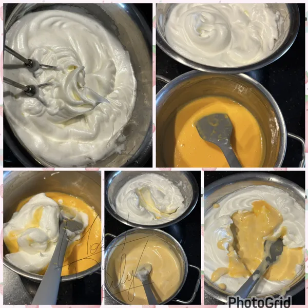*蛋白霜狀態：濕性偏中性發泡，有彎鉤、有光澤、不乾不硬

⛔ 不能打到硬挺（會裂、皮會粗）

取出剛剛做好的蛋黃糊，挖1/3蛋白霜先跟蛋黃糊輕輕切拌均勻

再把蛋黃糊倒回蛋白霜鍋中，輕輕切拌，蛋糕糊即完成✅