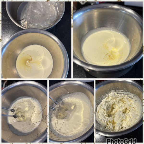 內餡：
準備一鍋冰塊水，將加了鮮奶油跟砂糖的鍋子放在冰塊水中，打蛋器打至硬挺。