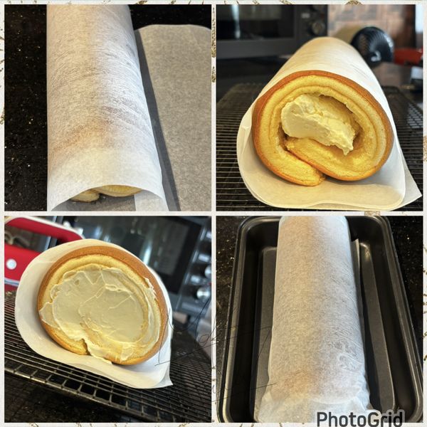 再輕拉烘焙紙固定，將捲好的蛋糕體包裹緊

側面會有點空洞，剛剛預留20克的鮮奶油，用湯匙填滿

前後用饅頭紙黏上，冷藏至少1個小時定型。