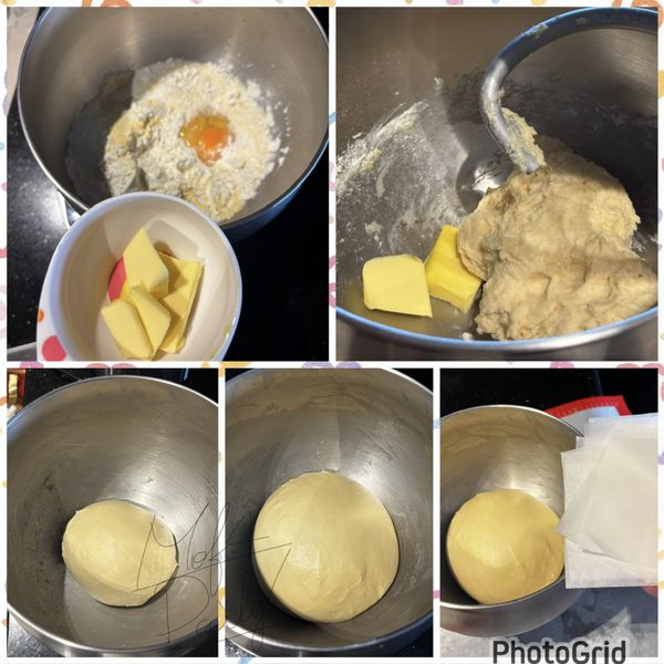 所有材料（除了奶油跟鹽）用攪拌機揉至成團

接著加入無鹽奶油揉至奶油完全被麵糰吸收

放室溫發酵至1.5-2倍大，約50-60分鐘

準備10張烘焙紙或是饅頭紙