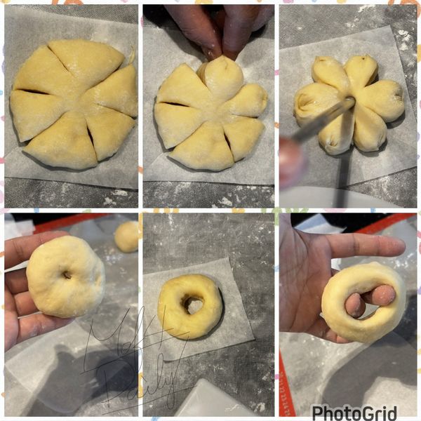 1.小花造型
壓扁的麵糰切6刀，然後將尾端捏緊，拿筷子中間戳一個小洞

2.甜甜圈造型
中間戳個洞，用兩隻食指拉開旋轉一下，形成甜甜圈

烘焙紙上或饅頭紙上室溫發酵30分鐘
