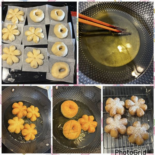 大約發酵15分鐘左右，可以準備油鍋
（等到發酵30分..油鍋溫度也差不多了）

取一個深鍋，加入500毫升左右的油
油溫160度左右即可下鍋油炸
炸至兩面金黃色即可撈起

起鍋瀝油，可以撒裹一層砂糖或是撒上糖粉

注意⚠️
油溫不能太高，容易造成表皮焦黑裡面還沒熟
