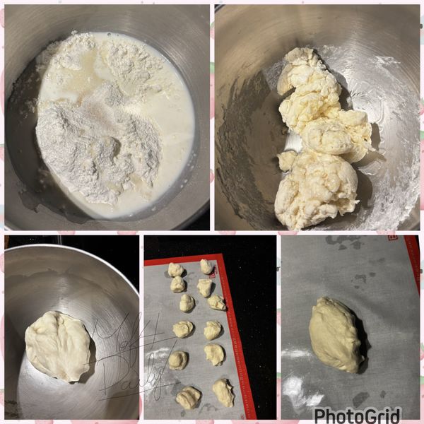 麵糰材料（除了鹽、植物油），先攪打成糰

再加入鹽、植物油，攪拌到表面光滑

分成12等份