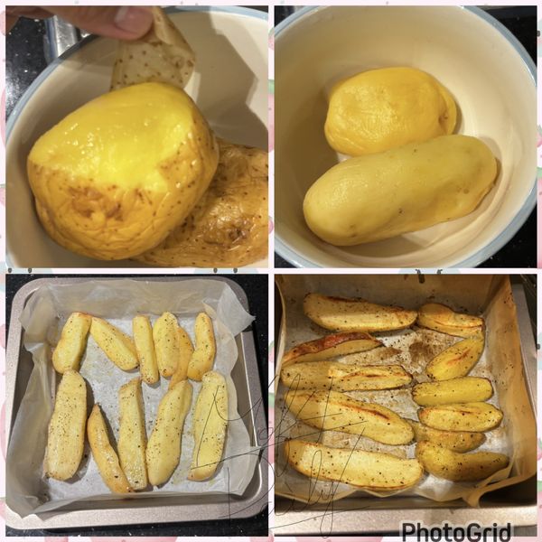 烤箱預熱上下火200-220度

擠完水分的馬鈴薯很好去皮，輕輕撕開就可以了

馬鈴薯可以手撕或是剪刀剪，烤盤鋪上烘焙紙，放上剪好的馬鈴薯

灑上玫瑰鹽、黑胡椒、表面刷上一些橄欖油

放入烤箱30-40分鐘，中間記得掉頭

外酥內軟的烤馬鈴薯完成✅