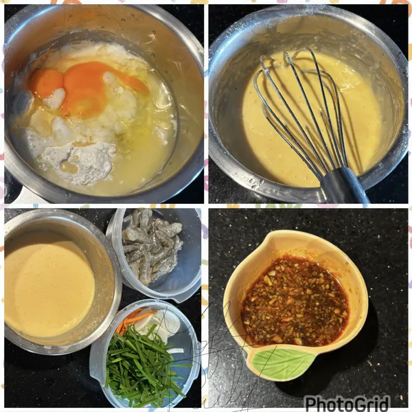 將中筋麵粉、樹薯粉粉、泡打粉、鹽、糖、白胡椒混合均勻。

加入雞蛋、冰水和沙拉油。

攪拌至沒有乾粉即可，不需要一直攪拌，以免出筋。

靜置 10～15分鐘。

韭菜洗淨切段、鮮蝦去腸泥2對切
紅蘿蔔、洋蔥切絲

醬汁所有材料調好，備用