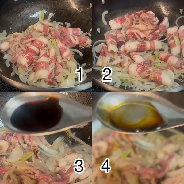 爆香肉片： 
放入肉片一起拌炒，待肉片稍微變色時，從鍋邊嗆入醬油與味醂拌勻。
肉片大約八分熟時就先盛起備用。
