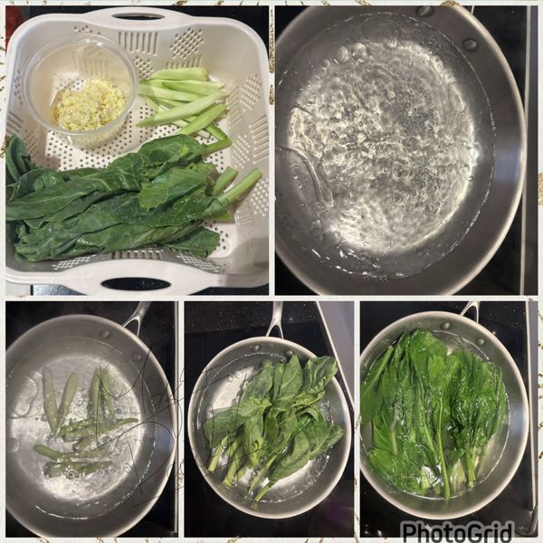 菜心洗淨。
粗的莖可以從底部劃一刀，受熱更均勻。
菜梗、菜葉分開
蒜頭切末備用

接著，煮一大鍋水，水滾後加入：
* 鹽 1小匙
* 油 1大匙

再放入菜心，燙約：
* 細嫩菜心：40～60秒
* 粗一點：1～2分鐘
立刻撈起瀝乾，放置一旁備用
