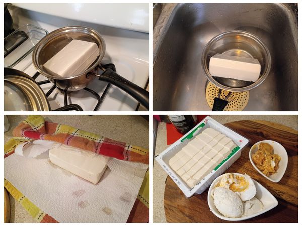 豆腐淖水：
1.煮一鍋熱水加塩，放入豆腐煮5分鐘。
2.瀝乾泡(冰)冷水冷卻。
3.用廚房紙巾吸乾水份。

4.豆腐切成骰子狀(1x1x1 cm)。
5.鹹蛋外殼略洗淨、擦乾。
6.鹹蛋切半，挖出蛋黃、蛋白分開放。

※豆腐淖水後較不易碎。