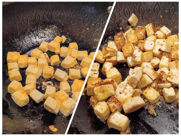 1.開中大火熱鍋，鍋熱下一大匙油。
2.油熱轉中火，下豆腐。
3.豆腐煎到六面金黃，盛起備用。