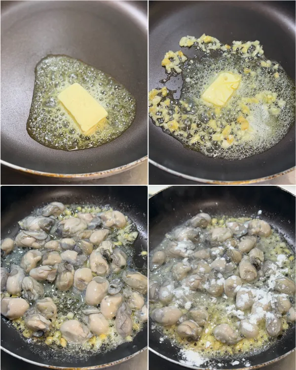 平底鍋放入奶油和蒜末炒香，放入蚵仔拌炒，再加入少許玉米粉