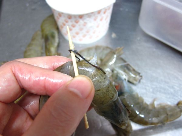 鮮蝦的鬚和頭尾、腳剪短修整齊，背部割開去腸泥。