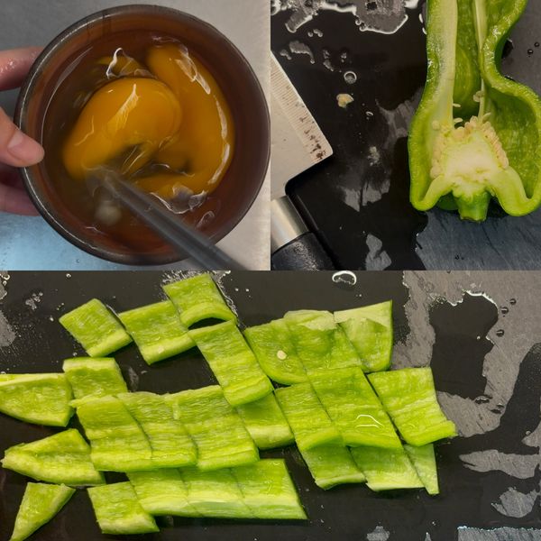 前置作業：
1.青椒去囊去籽後，切小菱狀備用。
2.蒜米切末備用。
3.將雞蛋打散，加入一小撮鹽巴攪拌均勻。