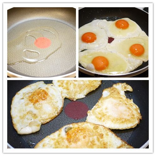 取一平底鍋，加入約2大匙的油，打入蛋，煎成荷包蛋備用。
建議將荷包蛋煎至焦香，除了味道比較好，等一下也比較好切絲與拌炒