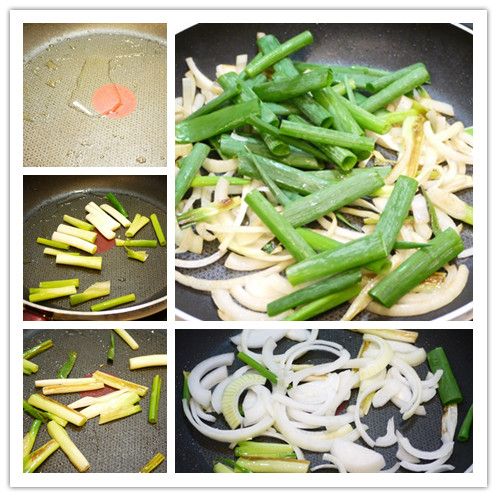 同一鍋，先放入蔥白炒至焦香後，再加入洋蔥絲炒軟。

  最後放入蔥綠與乾辣椒一起拌炒

 (如果煎完荷包蛋後油不夠，就請補一匙油)