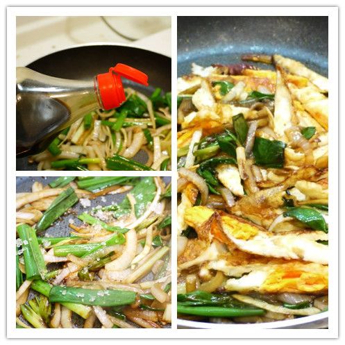 蔥綠變軟後，嗆入醬油與冰糖一起拌炒至冰糖溶化後，放入切好的荷包蛋絲一起拌炒