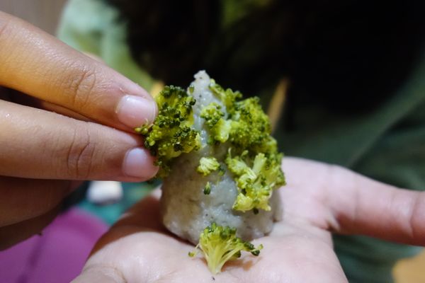 將馬鈴薯泥雕塑成圓錐的形狀，再用青花菜貼滿表面，最後在頂端加上小糖果，就大功告成了!