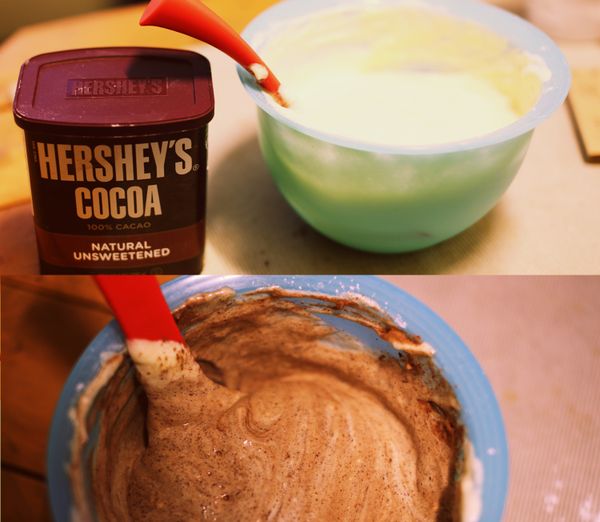 最後加入可可粉（其實也可以先把牛奶跟可可先混好直接加入就可以）想要有虎斑紋路所以把可可粉拌至不見顆粒時就停手