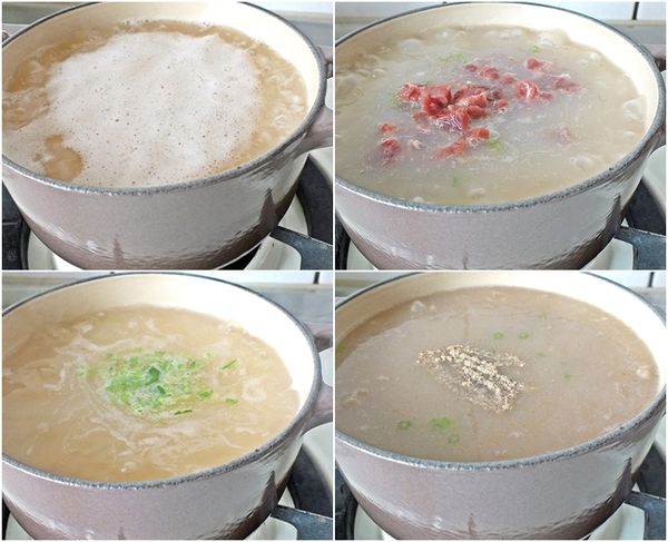 取適當大小的湯鍋,加入高湯和白飯煮開~先加入少許的香根末和薑末一起熬煮..待白飯煮成粥時(約10分鐘),再加入醃漬過的牛肉拌開煮片刻..接著再加[調味料]拌均勻。