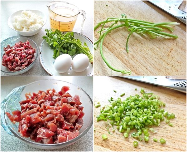 備齊所有食材~牛肉絲或牛絞肉皆可,加[醃肉用調味料]醃漬片刻備用,香菜洗淨去葉後切細末.(約2大匙)~香菜葉可留下他用。