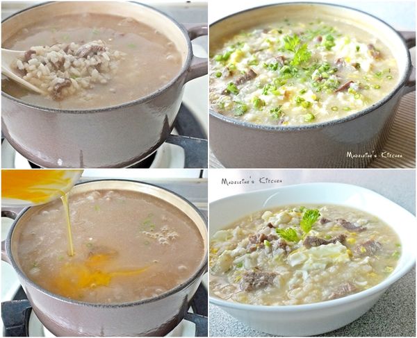 起鍋前倒入打散的蛋汁,先不攪動它..稍後再輕拌一下,避免過度攪拌~ 最後再撒入剩餘的香菜末拌勻即可。