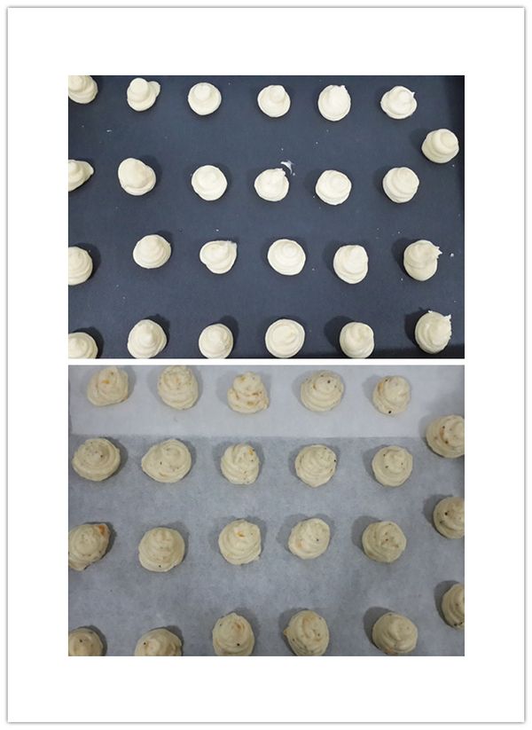 將二種面糊分別擠成約二公分左右的小圓球, 並將小尖角抺平(這樣烤出來的起士球比較會呈現平滑的小圓球)