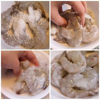 先將蝦仁洗淨去殼去腸泥後, 用1/2大匙的太白粉抓云後, 用水洗淨, 去除表面黏液

** 此步驟一定要做. 可以讓蝦子保持脆度