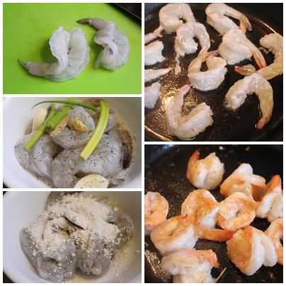 將蝦子從中頗開, 但不切斷. 再用[醃料]醃10分鐘入味. 把蔥薑蒜取出, 多餘的米酒醃料倒掉. 稍微用廚房紙巾將蝦仁拍乾. 再灑上1/2大匙的太白粉, 抓云. 並將蝦仁入鍋煎熟