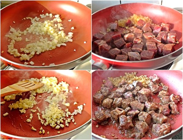 起油鍋加橄欖油2大匙先炒香洋蔥末,炒至洋蔥稍軟後..再加入蒜末一同爆香~香氣釋出後推至鍋邊..再放入骰子牛肉鋪排好..兩面煎一下。