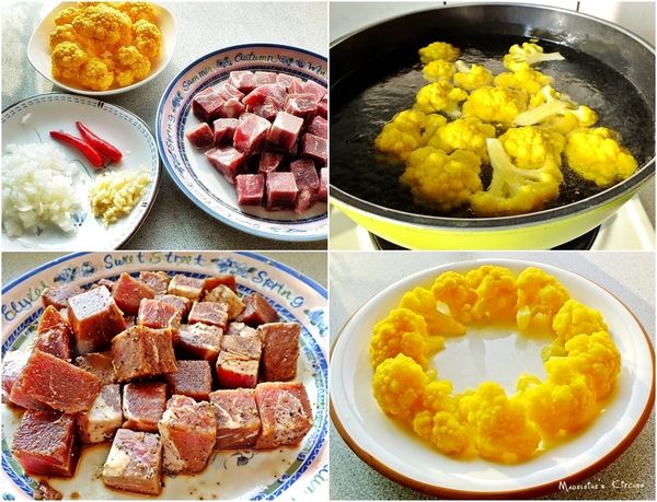 備齊所有食材~洋蔥.蒜頭.辣椒切末備用。骰子牛肉+[醃肉料]醃漬片刻..

將修剪過的花椰菜洗淨後,入滾水鍋中,加少許鹽和橄欖油汆燙約3分鐘..撈起瀝乾水份擺盤備用。