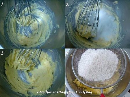 加入雞蛋打勻，最後篩入低筋麵粉和抹茶粉拌成糰。(圖三、圖四)