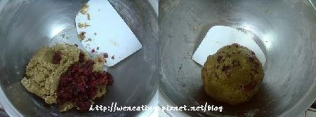 蔓越莓擠乾，加入麵糰中拌勻。(用刮版，用手揉會出筋，口感就不好了)